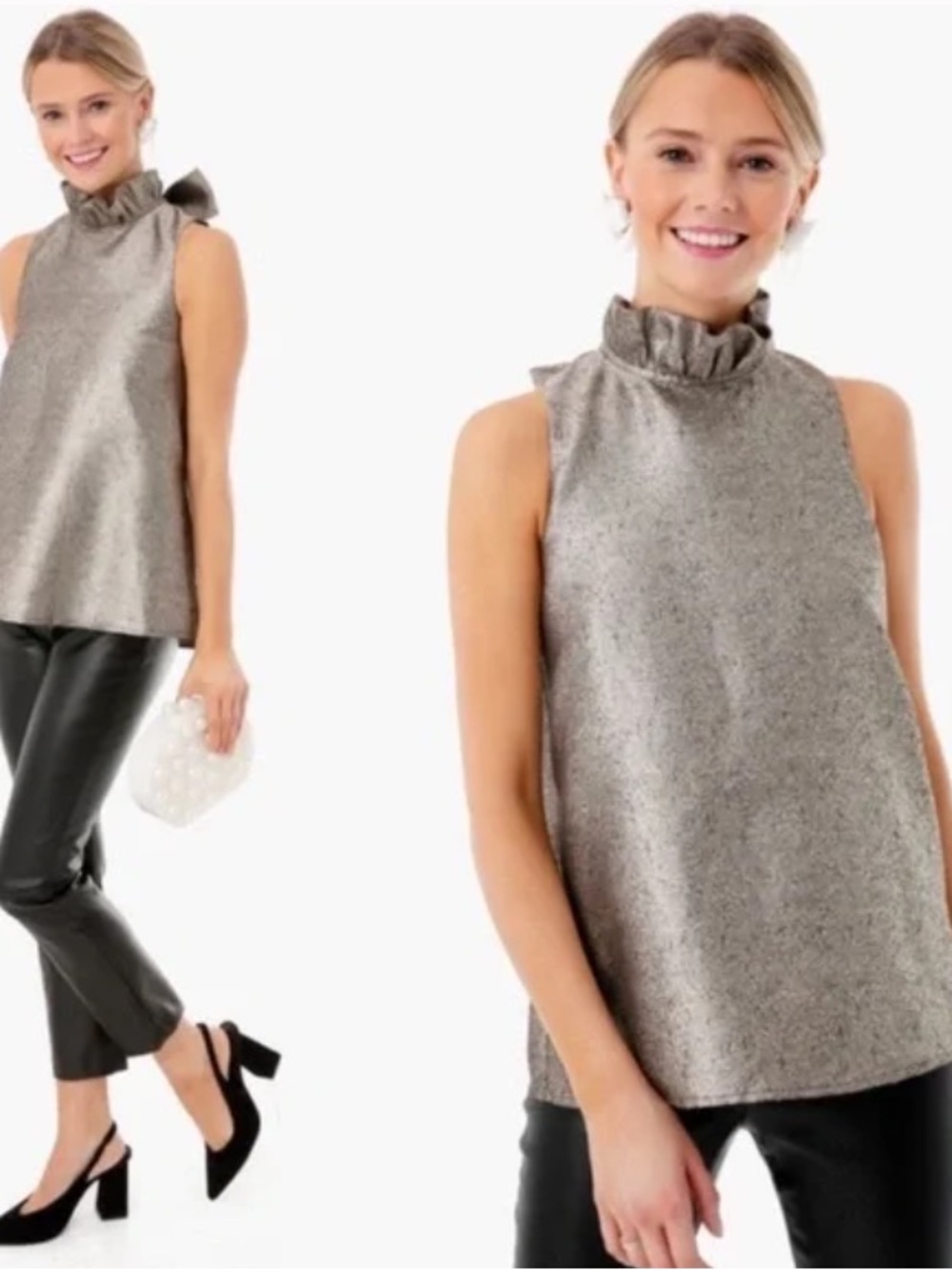 Pomander Place Metallic Platinum Ruffle-Neck Sleeveless Top